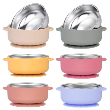6 Pack 304 Stainless Steel Baby Bowls With Removable Non-Slip Silicone Shell, Suction Bowls For Baby, Scald-Resistant Food Conta