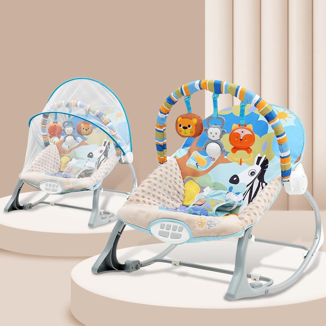 Infantso Baby Rocker & Bouncer For 0 To 2 Years (Dark Blue), Portable Chair For Newborn With Mosquito Net, U-Shaped Pillow With 