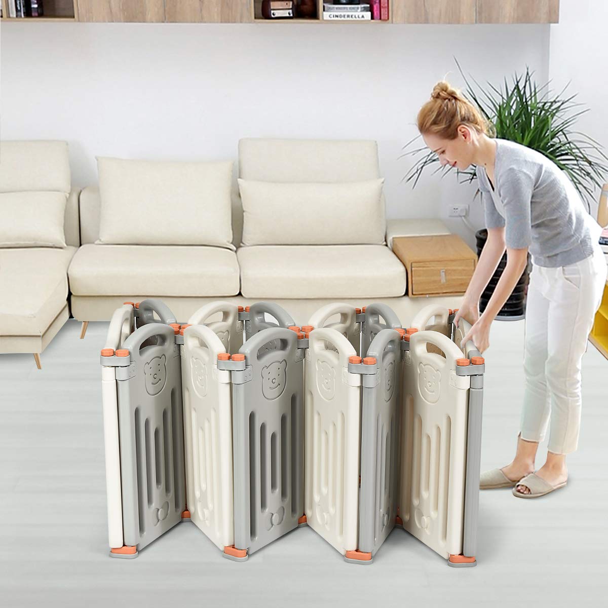 Costzon Baby Playpen, 14-Panel Foldable Large Baby Playard W/Locking Gate, Non-Slip Rubber Bases, Adjustable Shape, Portable Bab