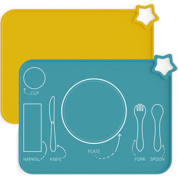 Moonkie Silicone Placemats For Baby & Kid, Stain Resistant Non-Slip Toddler Food Mats Eating Table Mat With 2 Packs(Teal/Mustard