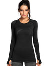 Crz Yoga Womens Seamless Athletic Long Sleeves Sports Running Shirt Breathable Gym Workout Top Black-Slim Fit X-Large
