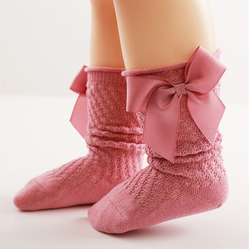 Qandsweet Baby Girl Knee-High Socks Toddlers Bow Stockings Newborn Infant Sock (0-12 Months,Hollow-5 Pairs)