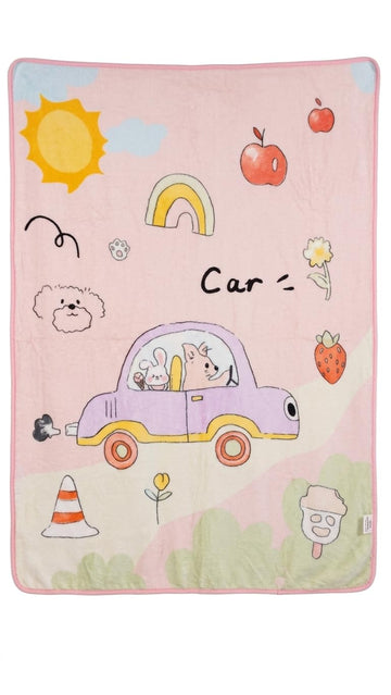 Baby Blanket, Pink, Soft Hooded Swaddle Wrap with Cute Car and Animal Print, for Newborns