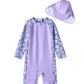 Umelok Infant Girl Swimwear Sets One Piece Rash Guard Swimsuit With Sun Hat (Purple, Floral 6-9 Months)