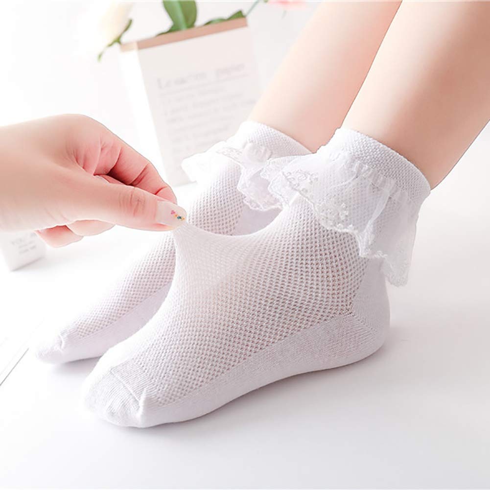 4 Pairs Toddler Baby Girls Lace Princess Socks Cotton Ruffled Solid Ankle Socks White 5-8T