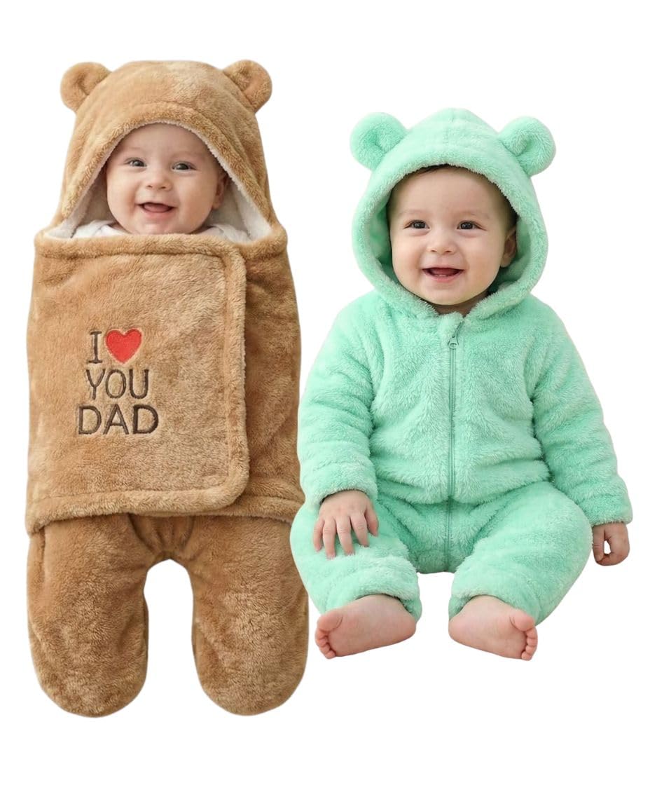 BABYZONE Baby Winter Fleece Romper, Hooded Bear Ears Design FullZip Jumpsuit Pack of 2PcGreenBrown