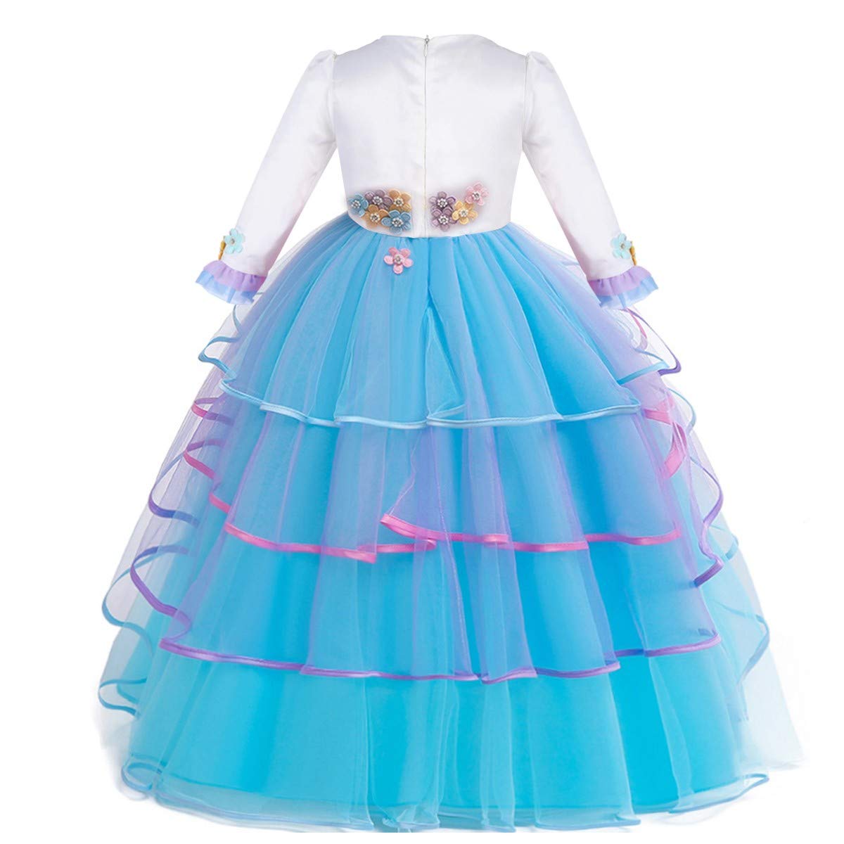 Hihcbf Girls Unicorn Birthday Princess Long Sleeve Wedding Pageant Party Maxi Dress Halloween Carnival Costume W/Headband Blue 1