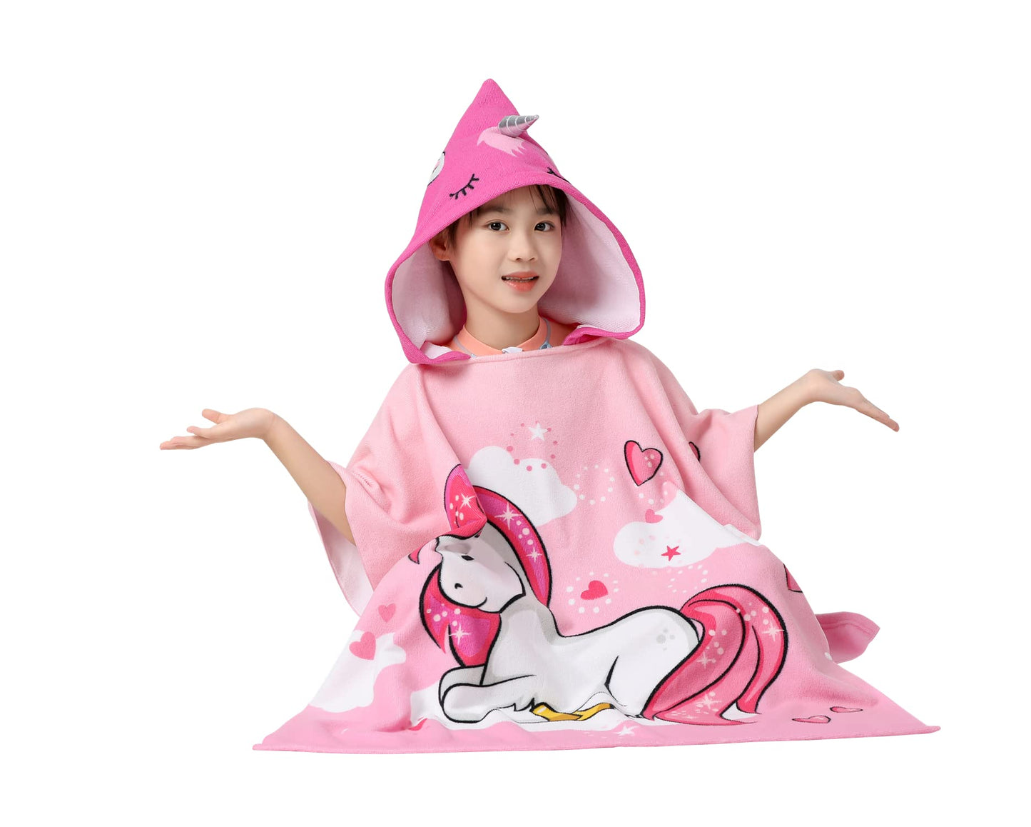 Athaelay Soft Swim Cover-Ups For 3 To 10 Years Old Kids Big Girls' Pink Unicorn Hooded Bath Beach Poncho Towel With Drawstring B