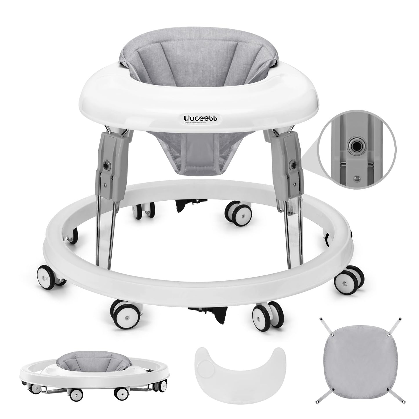 Uuoeebb Baby Walker with Wheels, One-Touch Folding Baby Walkers, Anti-Roll 8-Wheels with Brake, 7-Speed Height Adjustment with L