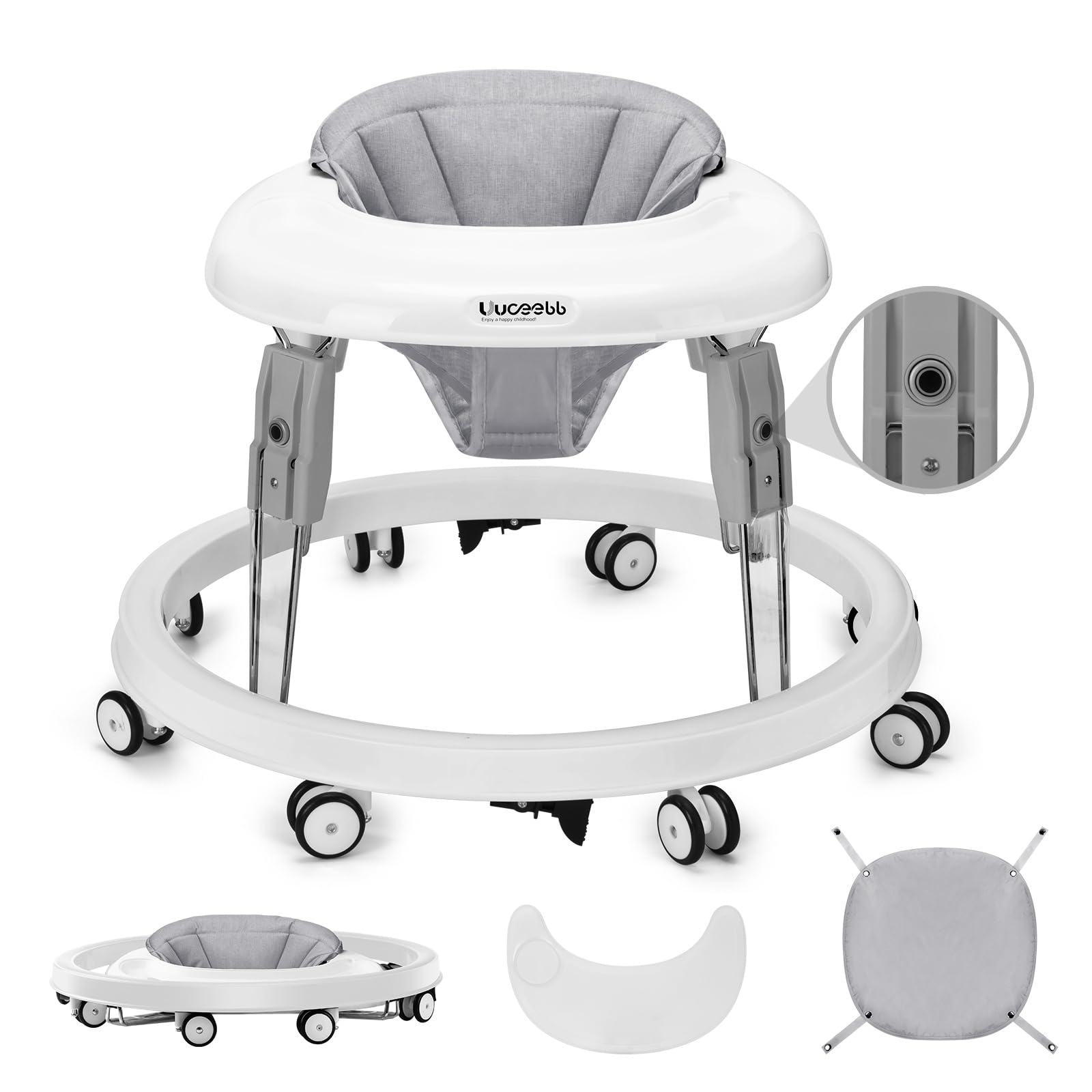 Uuoeebb Baby Walker with Wheels, One-Touch Folding Baby Walkers, Anti-Roll 8-Wheels with Brake, 7-Speed Height Adjustment with L