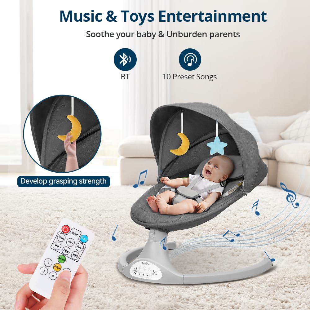 Bioby Baby Swing For Infants With 5 Natural Sway Speeds, Portable Bt Music Bouncer With Remote Control & 5-Point Harness, Lightw