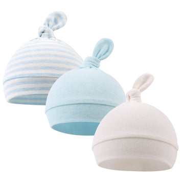 Original Cotton Newborn Hats For Girls Striped Preemie Baby Hats Bear Ears Infant Boys Beanies 0-3 Months (Knot(White+Blue+Blue