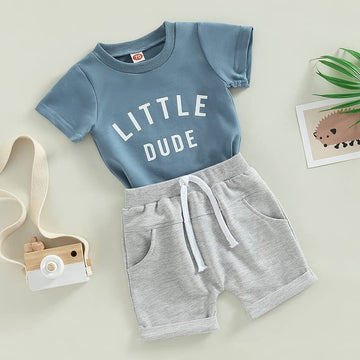Toddler Baby Boy Clothes Letter Short Sleeve T Shirt Top Boys Shorts With Pocket Cute Summer Outfit 2Pcs Set (Little Dude Blue,2