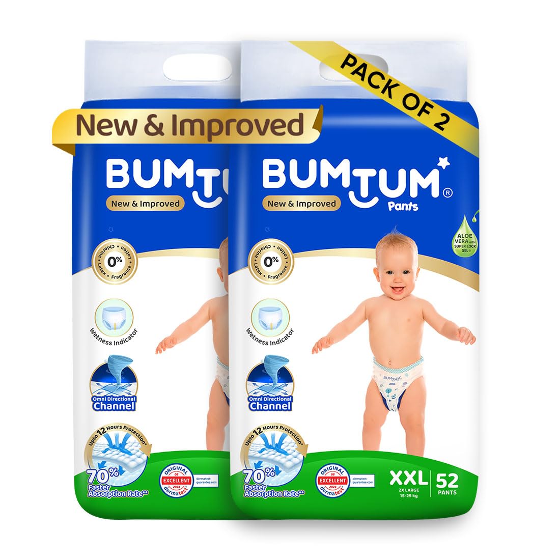 Bumtum Baby Diapers | Pant Style Baby Diapers Double Extra Large Size, 104 Count | Double Layer Leakage Protection Infused With 