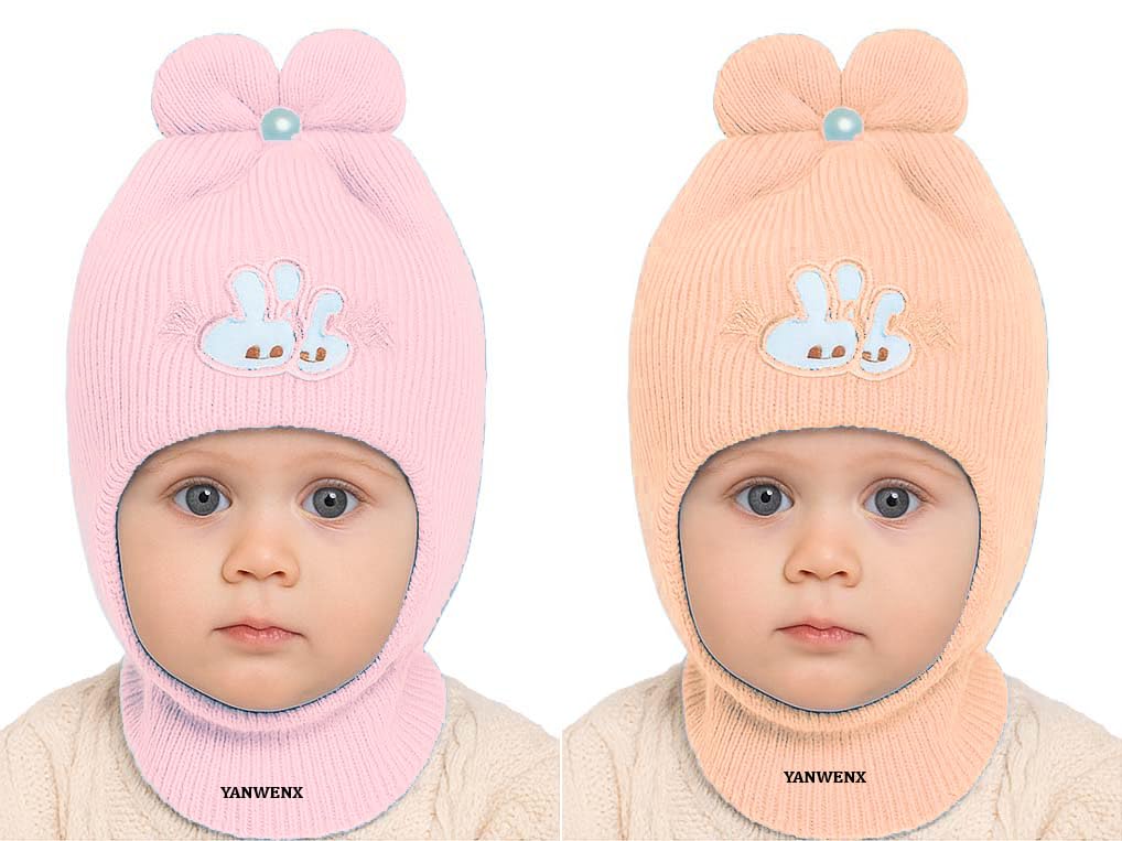 Yanwenx Baby Boys & Girls Soft Woolen Monkey Cap (Pack Of 2,Light Pink|Beige) | Full Head, Ear & Neck Coverage | Ideal For 6 Mon