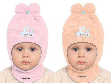 Yanwenx Baby Boys & Girls Soft Woolen Monkey Cap (Pack Of 2,Light Pink|Beige) | Full Head, Ear & Neck Coverage | Ideal For 6 Mon