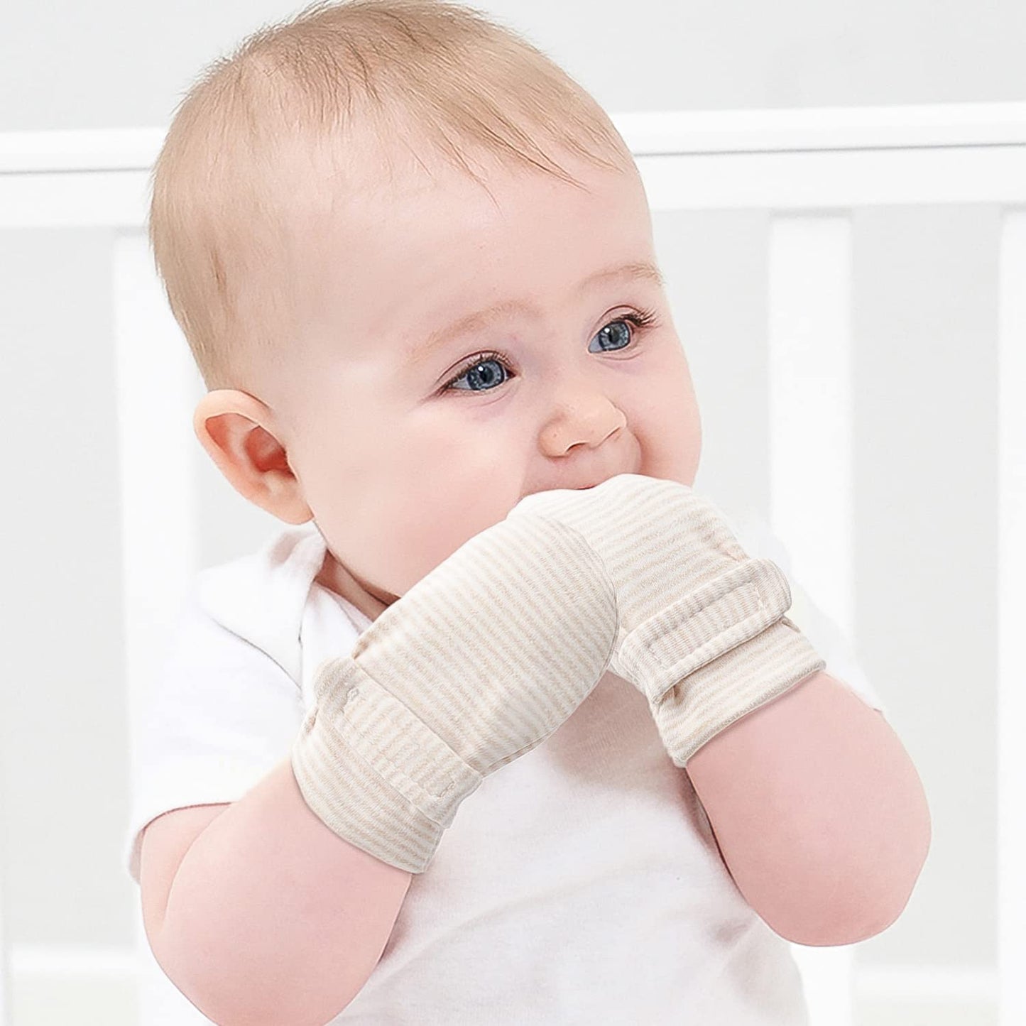 Newborn Baby No Scratch Mittens Stay On, 100% Cotton Breathable, Adjustable Infant Gloves For Baby Boys Girls Mittens (Khaki Str