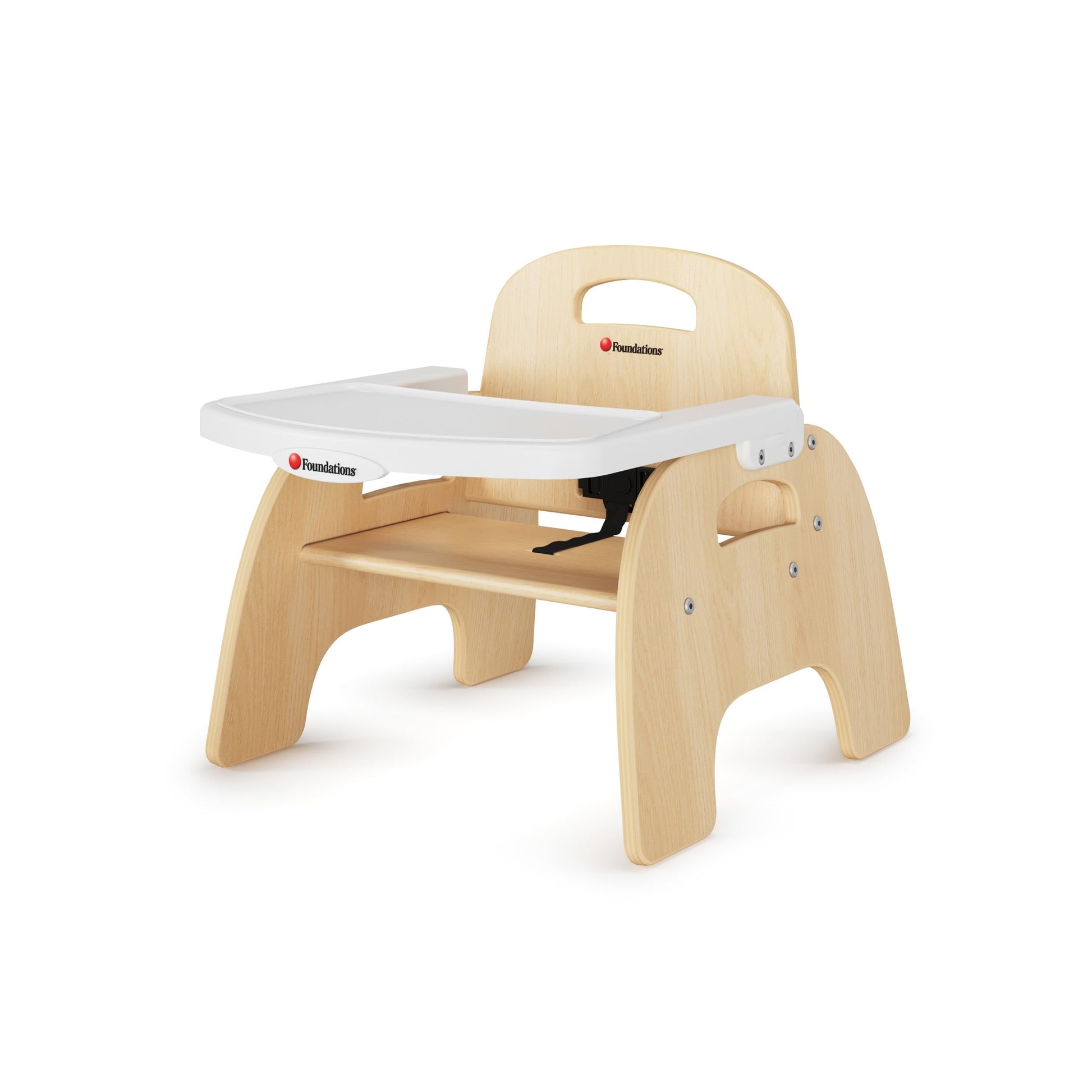 Foundations Easy Serve 7 Wood Feeding Chair for Toddlers, Adjustable Harness, Removable Dishwasher Safe Tray, No Tip    Base, Ba
