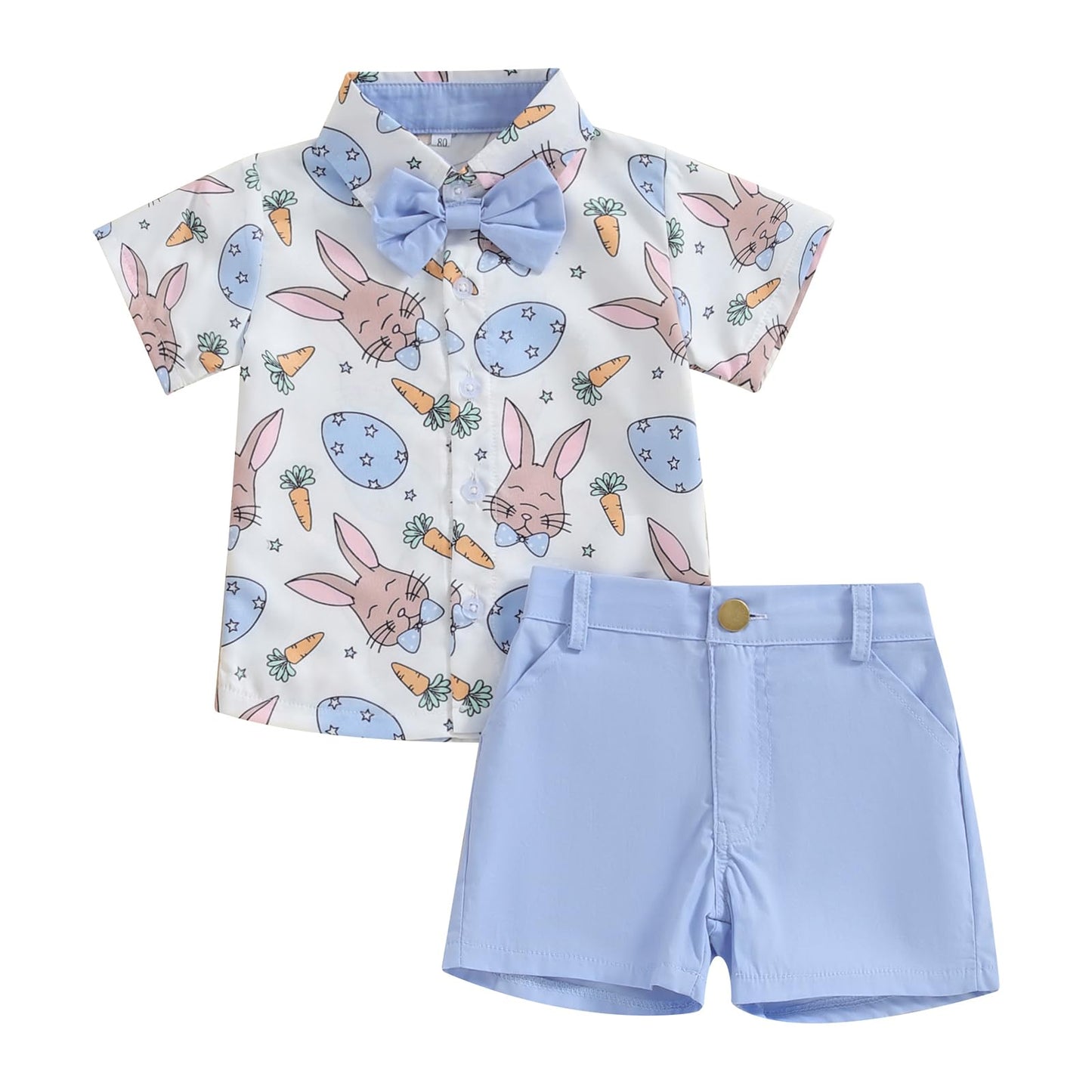LAGKIYOJ Toddler Boy Easter Outfits Carrot Bunny Print Bowtie Short Sleeve Shirts Tops And Shorts Summer Clothes 2Pcs Set (Blue,
