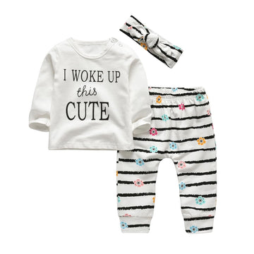 Kukitty 3Pcs Baby Girl Outfits Set I Woke Up This Cute Long Sleeve T-Shirt Tops Flowers Pants With Headband (3-6 Months)