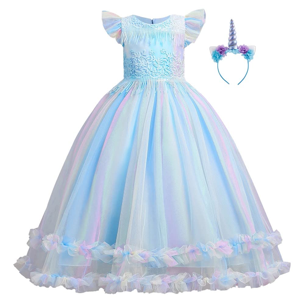 Izkizf Girls Unicorn Costume Princess Long Maxi Tulle Dress W/Headband Princess Birthday Party Halloween Cosplay Outfits Rainbow