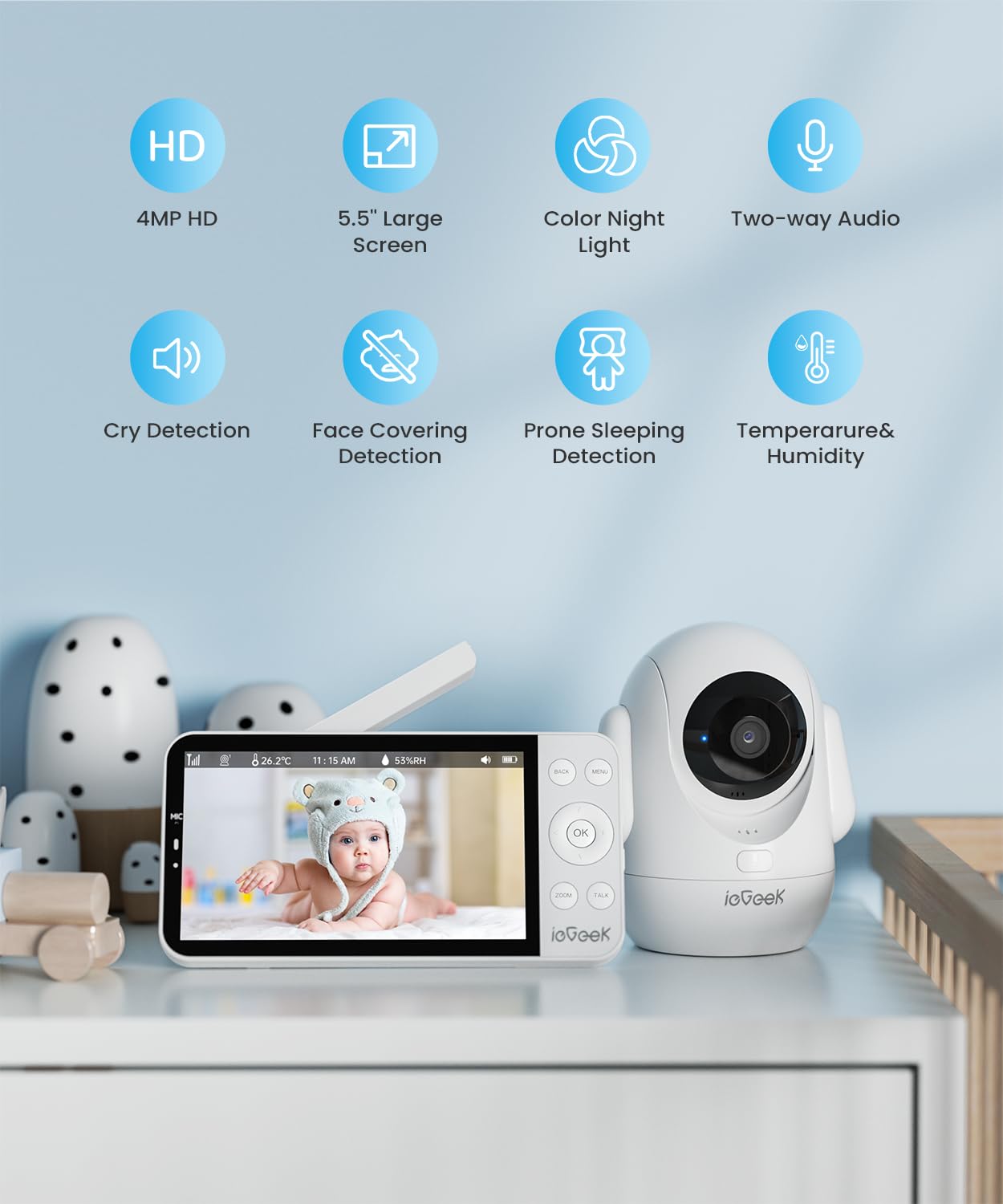 Iegeek 5.5 Split-Screen Baby Monitor,2.5K Uhd Baby Monitor With 2 Cameras And Audio,Night Light,Prone Sleeping&Cry Detection,Two