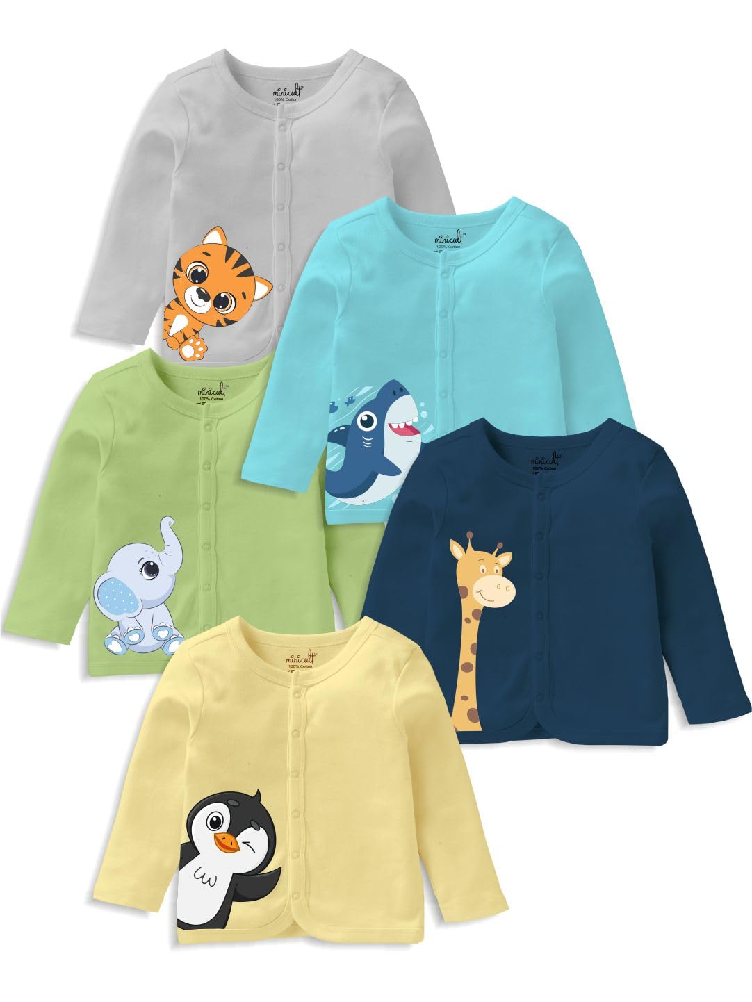 Minicult Cotton Regular Fit Unisex Front Open Full Sleeve TShirt With Snap Buttons And Cute Prints Combo Pack, Assorted, 9 Mont