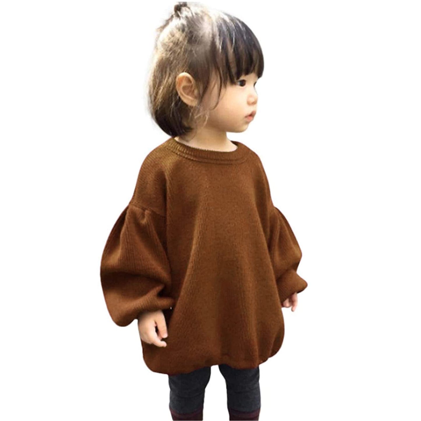 Baby Girls Loose Long Lantern Sleeve Knit Sweater Fall Winter Warm Crewneck Pullover Tops Outfits Clothes Brown, 12-18 Months
