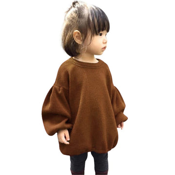 Baby Girls Loose Long Lantern Sleeve Knit Sweater Fall Winter Warm Crewneck Pullover Tops Outfits Clothes Brown, 18-24 Months