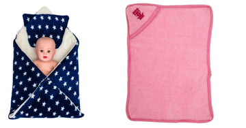 CTMKIDS Baby Wrap with Cushion Cap for Kids 74x84 cm  Navy Blue & Hooded Baby Blanket for Kids 66x92 cm  Pink