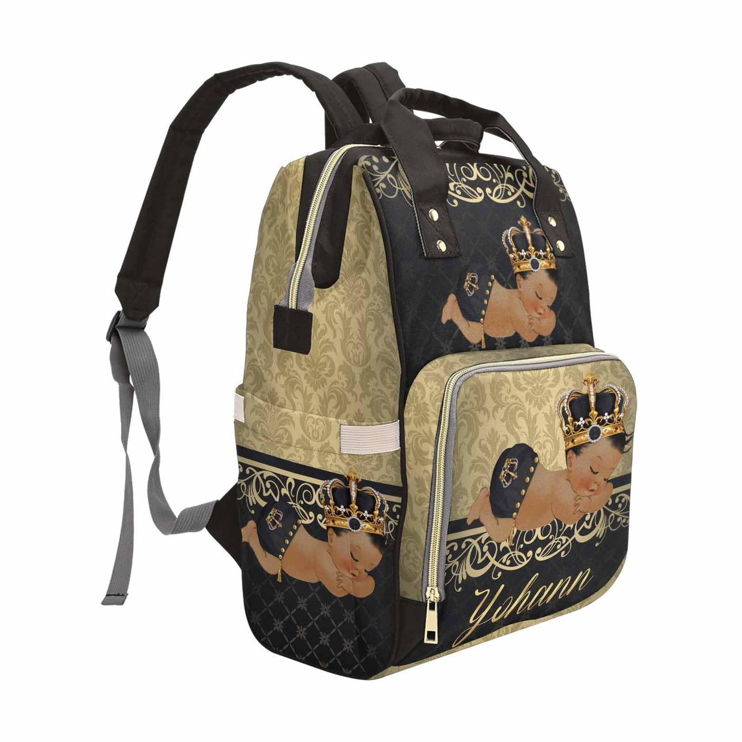 M Yescustom Personalized Baby Diaper Backpack, Vintage Golden Black Crown Prince Diaper Bag With Name, Waterproof Mommy Nursing