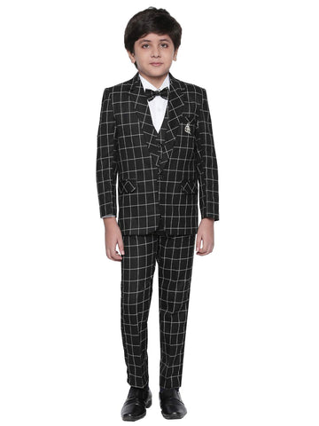 Jeetethnics Boys Black Checked Coat Suit Set With Waistcoat Shirt And Trousers (9048Ej)