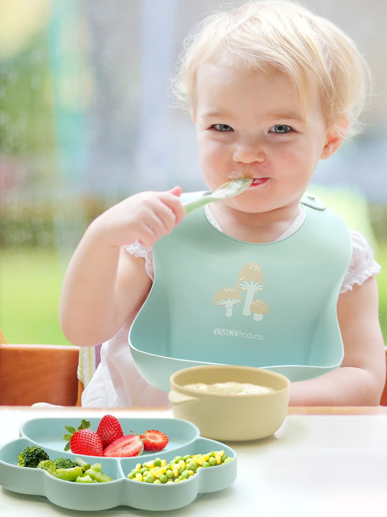 Ymcf Products 2-Pack Waterproof Silicone Baby Bib Lightweight Comfortable Easy-Wipe Clean (Beige/Sage, Large)