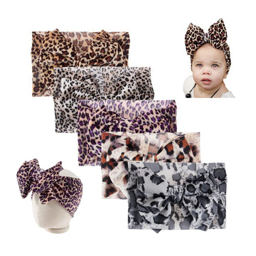 Nishine 5Pcs Baby Girls Soft Wide Leopard Hair Turban Head Wraps Kids Stretchy Knotted Bows Headband For Children Hair Accessori