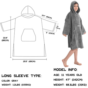 Hiturbo Kids Towel Changing Robe: Soft Plush Wearable Blanket - Warm Coral Fleece Hoodie - Swim Surf Poncho For 5-12 Years (Gray