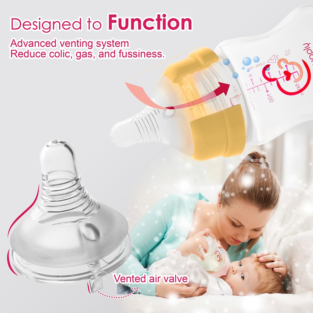 Nenesupply Natural Baby Bottles Newborn Flow Feeding Bottles Breastfeeding Bottle For Breastfed Babies Wide Neck 4.7Oz Anti Coli