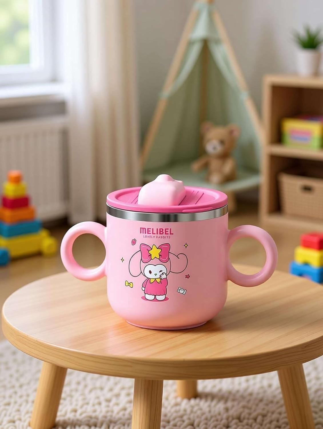 Cuddles Melibel Kids Stainless Steel Sippy Cup with Silicone Straw, Pink