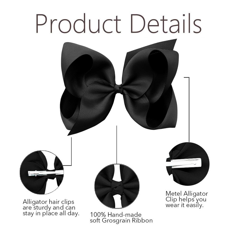 Oaoleer Big Hair Bows For Girls 12 Pcs 6' Black Grosgrain Ribbon Large Boutique Bow Alligator Clips Hair Accessories For Toddle