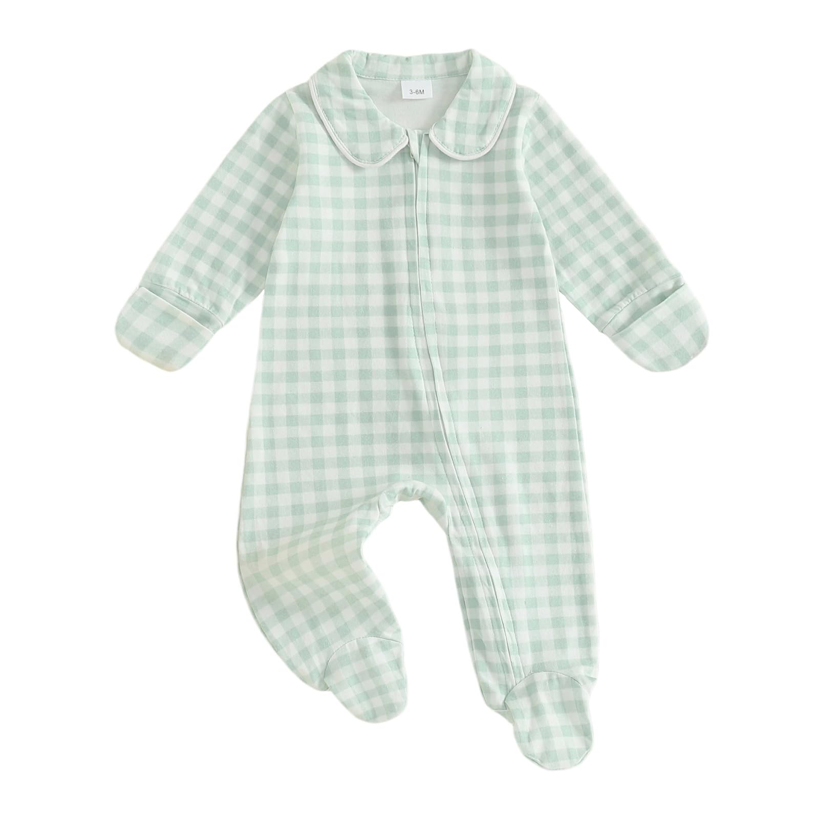 BULINGNA Newborn Baby Boy Girl Gingham Footed Romper Peter Pan Collar Infant Long Sleeve Zipper Jumpsuit Coming Home Outfit (Gre