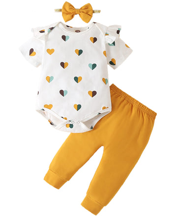 Fullfamous Baby Girl Clothes Gifts Outfits,Spring Summer Short Sleeve Romper And Pant Set Yellow Heart 3-6 Months
