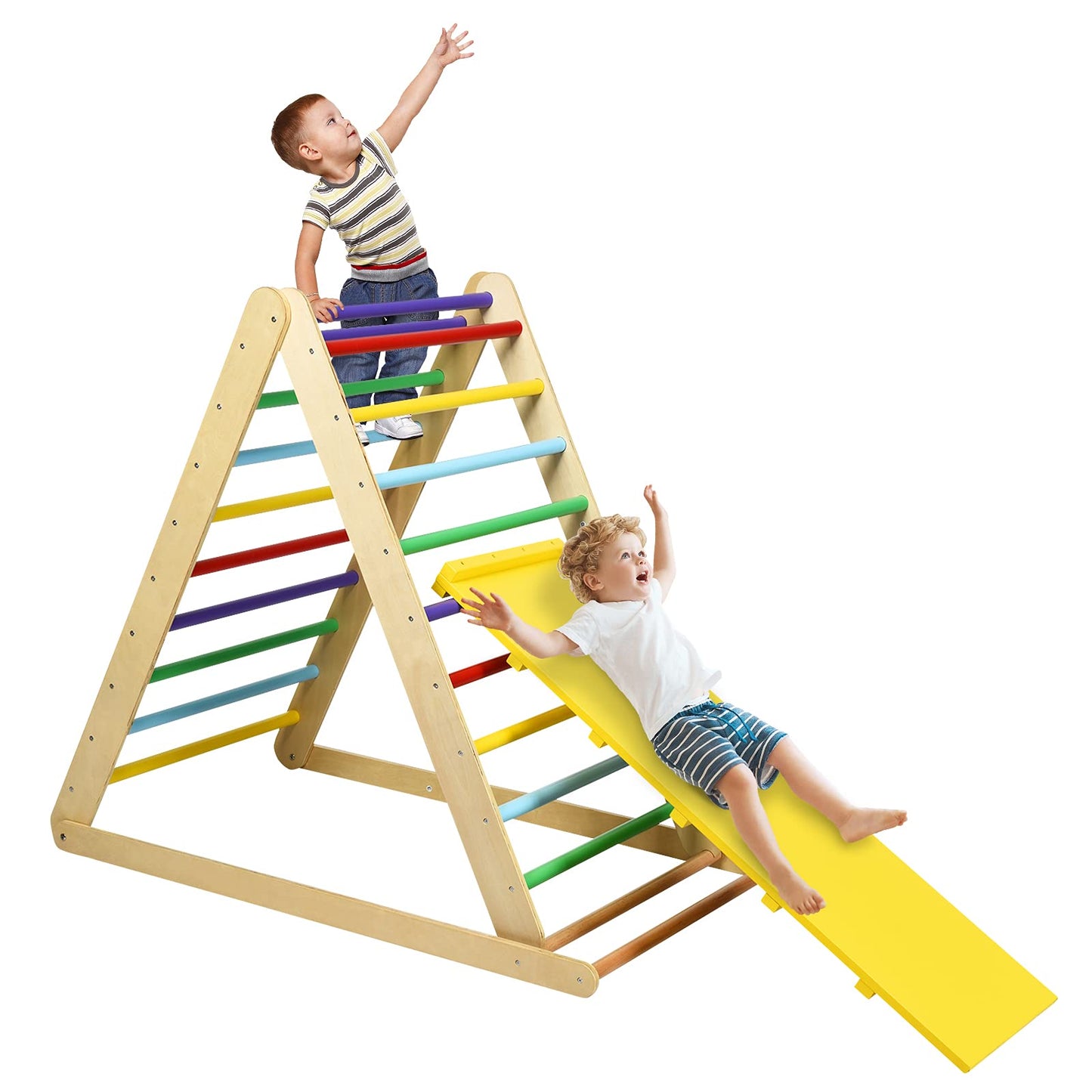 Honey Joy Triangle Climber With Ramp, 2-In-1 Indoor Toddler Climbing Triangle Set With Ladder & Slide, Foldable Wooden Kids Clim