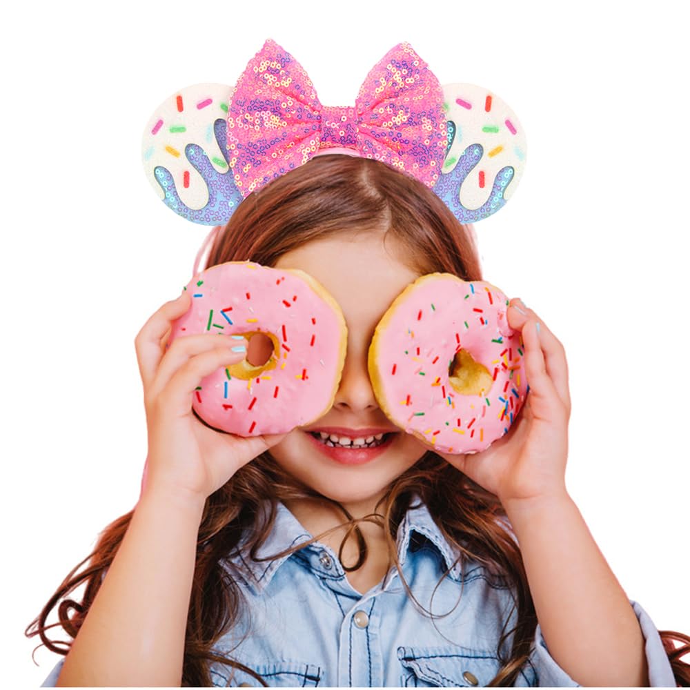 Lifetools-Lt Blue Ears Headbands With Pink Bow & Shiny Sequins & Doughnut, For Women Disneyland Costume Christmas Cosplay Glitte