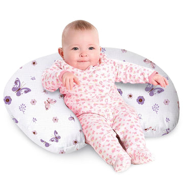 Little Grape Land Nursing Pillow, Soft 100% Cotton Breastfeeding Pillow with Breathable Muslin Removable Cover, Purple Butterfly
