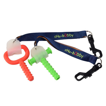 Chubuddy Embroidered Chewy Holder Set (2), 2 Embroidered Navy Tether-Bracelets & 2 Natural Straps