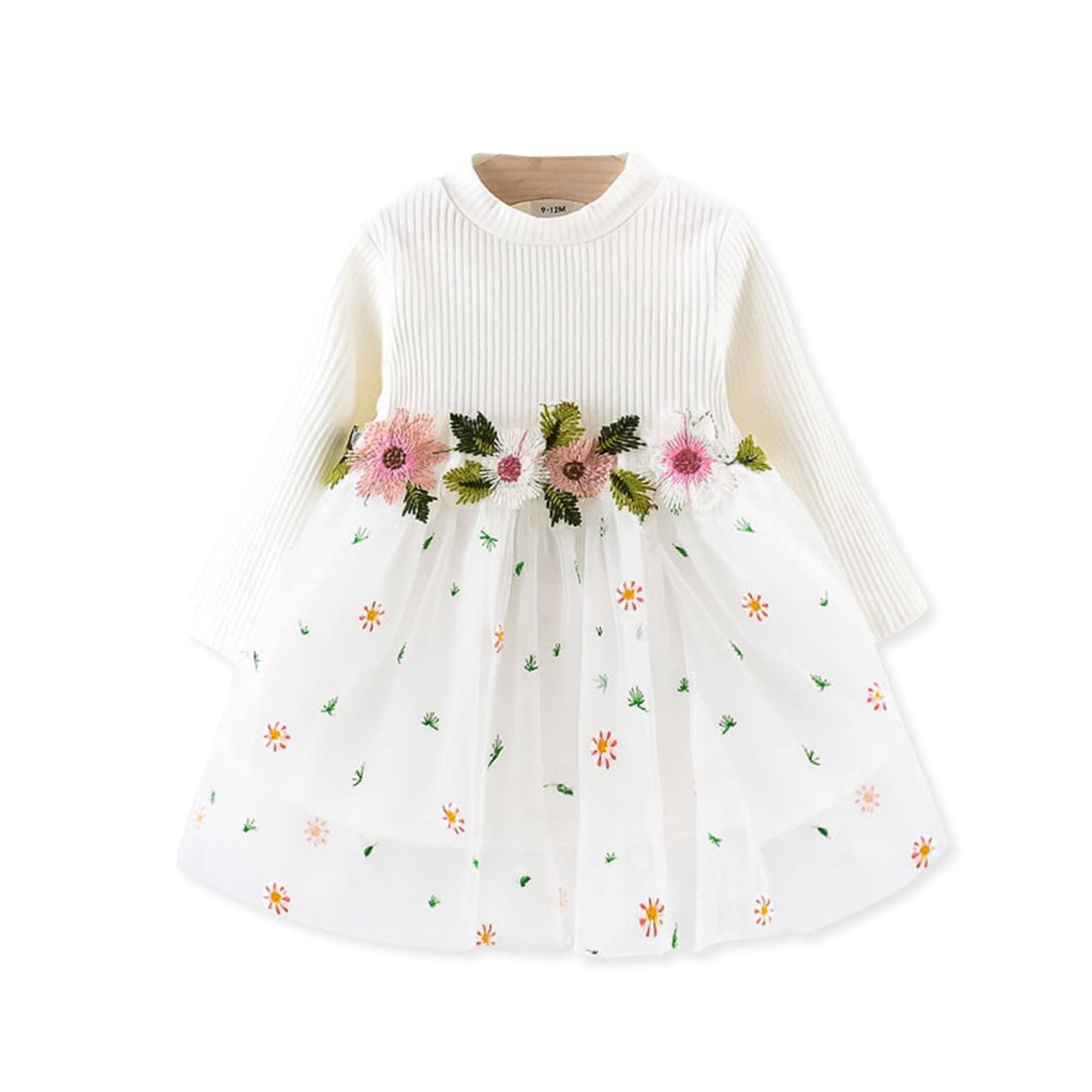 Baby Girl White Ribbed Long-Sleeve Dresses Infant Birthday Party Dresses Tulle Dress Embroidered Mesh Dress