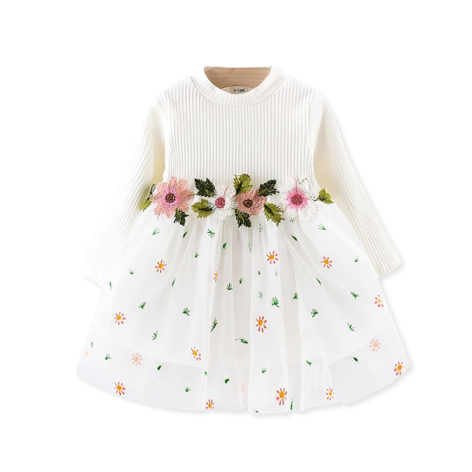 Baby Girl White Ribbed Long-Sleeve Dresses Infant Birthday Party Dresses Tulle Dress Embroidered Mesh Dress