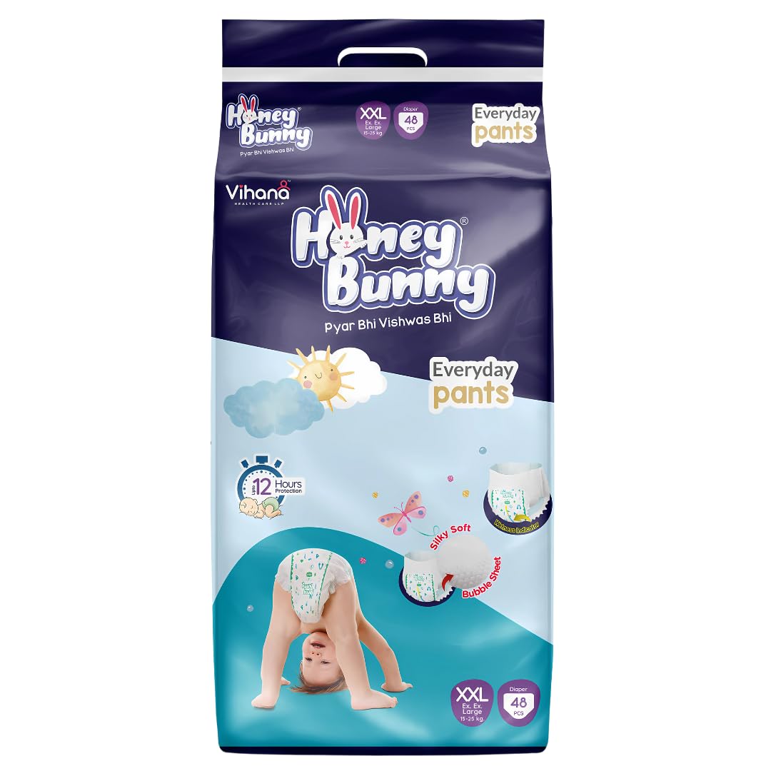 Honey Bunny Everyday Baby Diapers Pants | Extra Extra Large (Xxl), 48 Count, 1725 Kg | Silky Soft On Skin | 12 Hours Protection