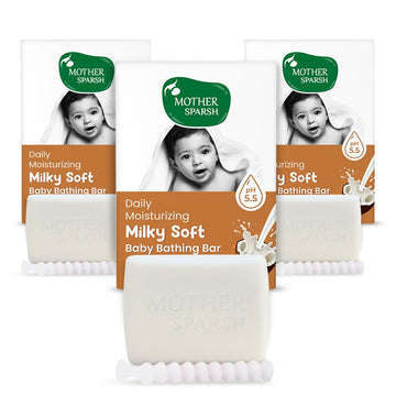 Mother Sparsh Moisturizing Milky Baby Bathing Soap Bar - 75G X 3 | Ph 5.5 With Milk, Coconut Oil And Vitamin E, Prevents Dryness