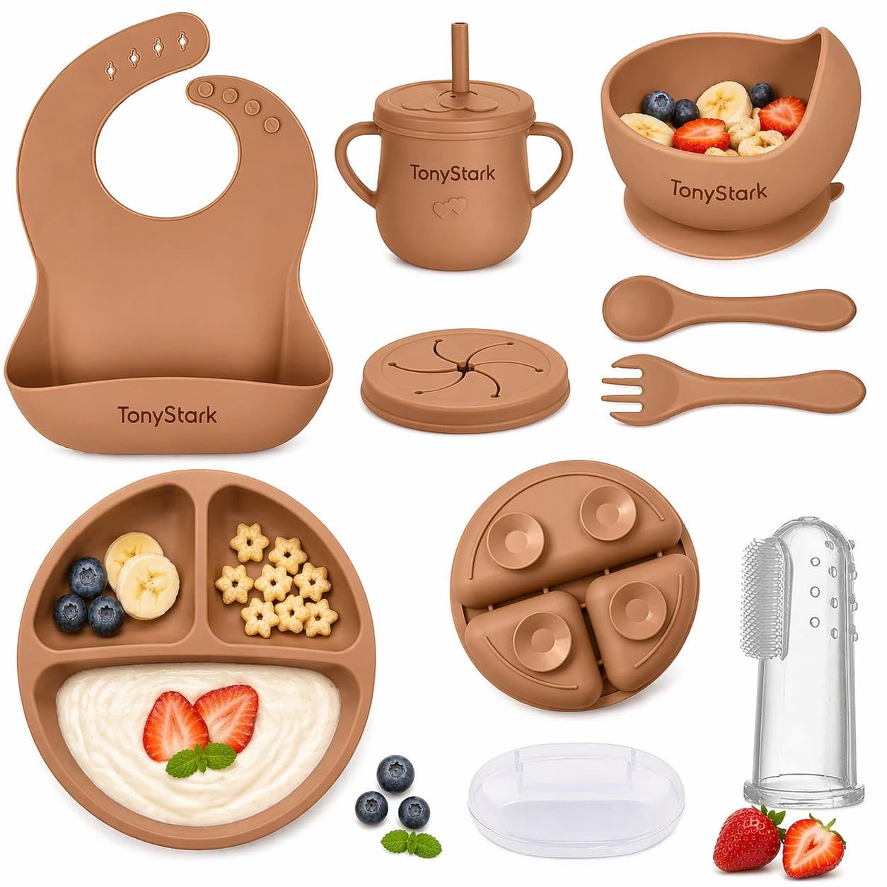 Tony Stark Baby Feeding Set, Silicone Tableware Kit For Baby, Bowl, Fork, Bib, Spoon, Cup & Suction Plates For Baby (Light Blue)
