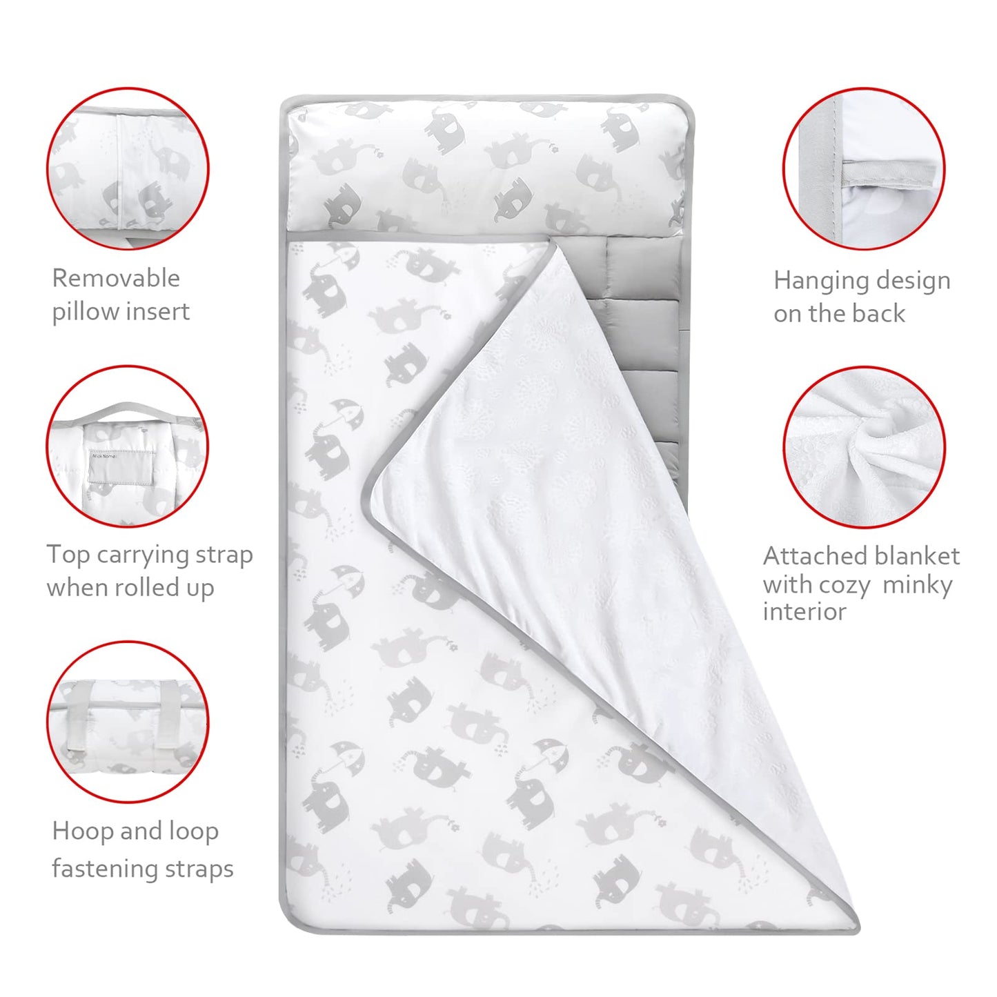 Moonsea Nap Mat For Toddlers Elephant With Removable Pillow And Fleece Minky Blanket, Lightweight Perfect For Kids Preschool, Da